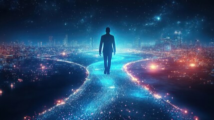 Fototapeta premium A lone figure standing on a luminous path, overlooking a vibrant cityscape filled with stars and endless possibilities.