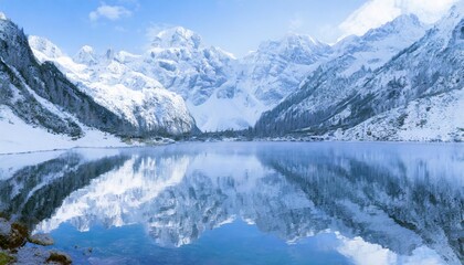Obraz premium Snow-capped peaks reflected in a tranquil alpine lake during winter