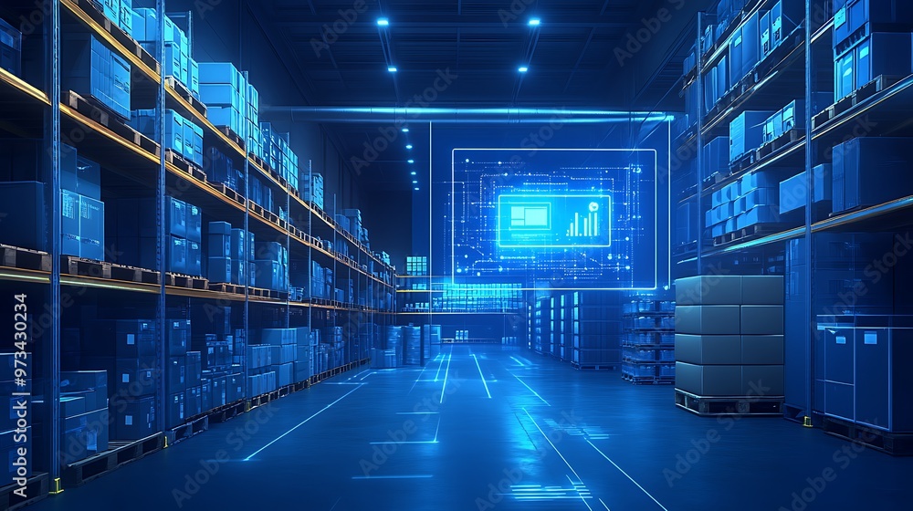 Poster futuristic warehouse with digital display screen showing analytics and data