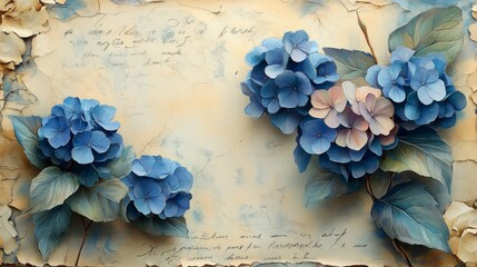 Vintage Handwritten Paper Background with Blue Watercolor Hydrangeas
