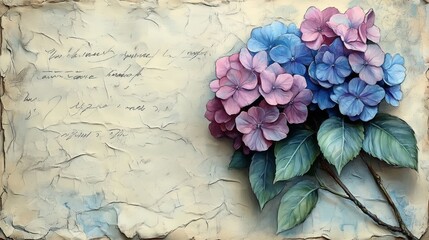 Vintage Handwritten Paper Background with Blue Watercolor Hydrangeas