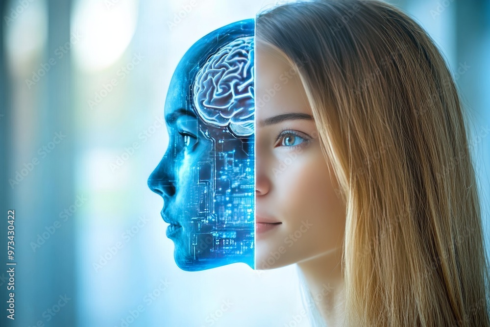 Poster neuroprosthesis biohacking brain augmentation neurooptics and neurointegration woman with holographi