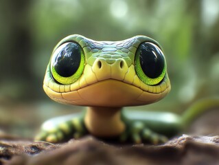 Obraz premium Funny cute snake with big green eyes 