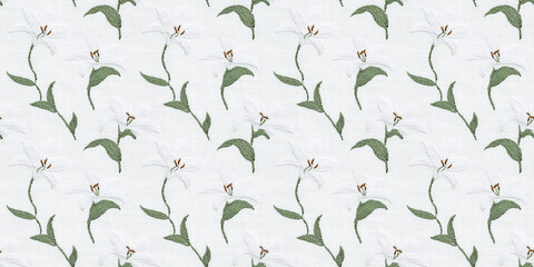 seamless minimalistic embroidery pattern of small lilies, on a plain white linen