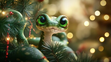 Funny cute snake with big green eyes on festive background