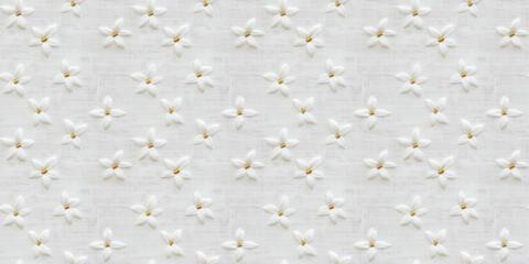 seamless minimalistic embroidery pattern of small white lilies, on a plain white linen