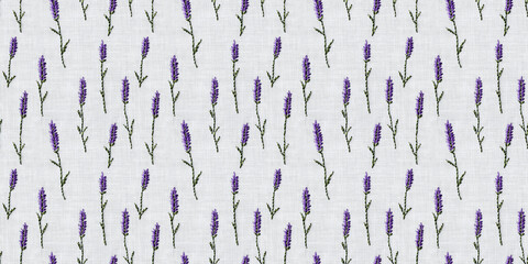seamless minimalistic embroidery pattern of small lavenders, on a plain white linen