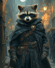 Obraz premium male raccoon beastfolk adventurer dressed in dark armor, walking down a dimly lit alley under the moon