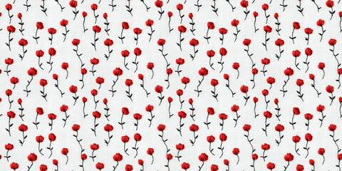 seamless minimalistic embroidery pattern of small red roses, on a plain white linen