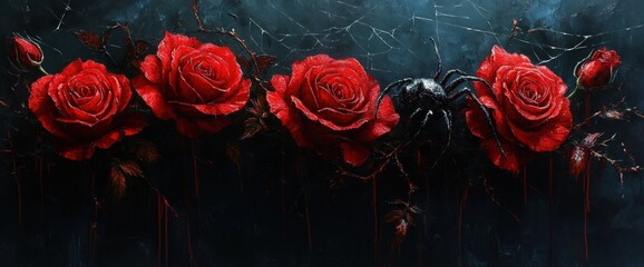 A large black spider sits amongst dripping crimson roses with a dark, webbed background.