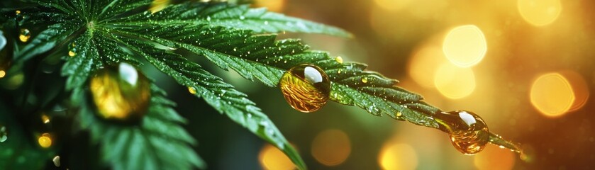 Obraz premium Lush cannabis background with several small amber-colored e liquid juice drops on it