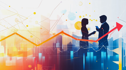 Abstract business team work stands on the peak of success amid tall, innovative Smart city and graphs with statistics to analyze business potential and predict future developments in company growth.