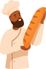 Baker is holding a freshly baked loaf of bread with a cheerful expression