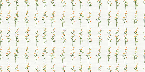 seamless minimalistic embroidery pattern of small lily of the valleys, on a plain white linen