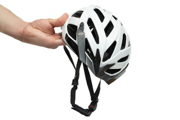 Male hand holding white bicycle helmet isolated on white background