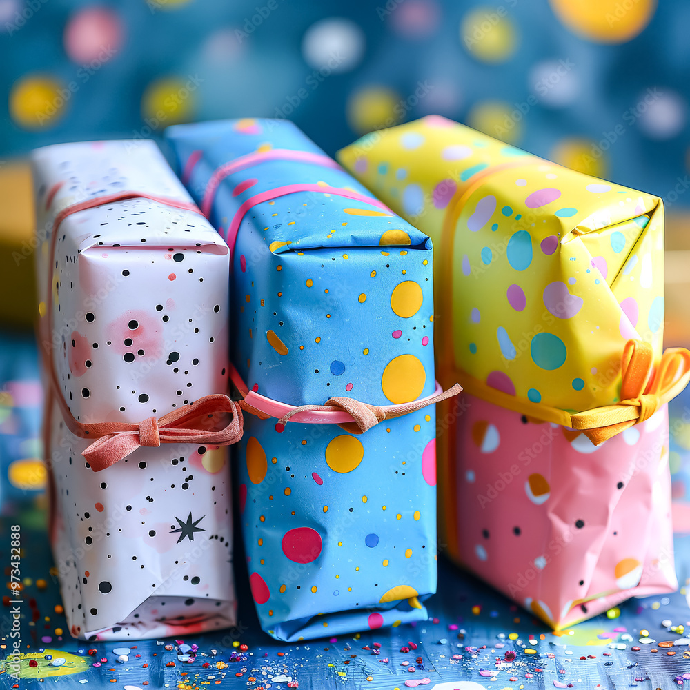 Poster three colorful boxes with polka dots on them