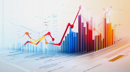 Obraz premium Abstract business team work stands on the peak of success amid tall, innovative Smart city and graphs with statistics to analyze business potential and predict future developments in company growth.