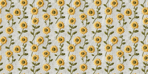 seamless minimalistic embroidery pattern of small sunflower motifs, on a plain white linen