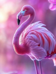 A Pink Flamingo with Soft Feathers Against a Purple Background