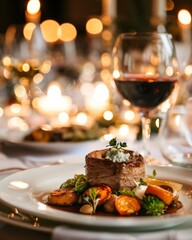 a fine dining with candles and a wine glass