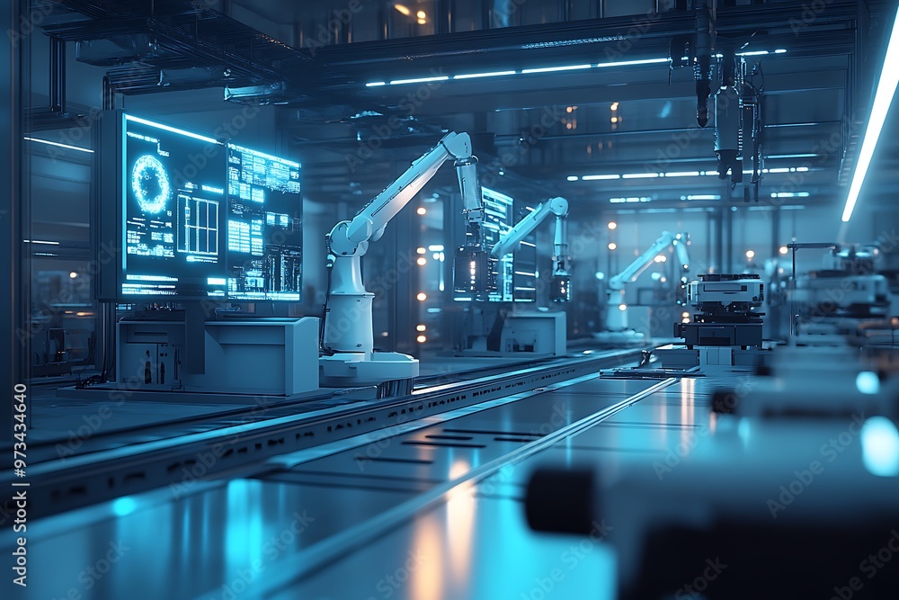 Aufkleber futuristic automated factory with robotic arms and digital display