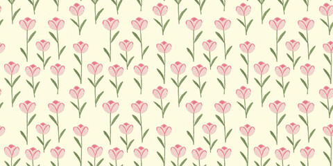 seamless minimalistic embroidery pattern of small soft pink tulips, on a plain light yellow fabric