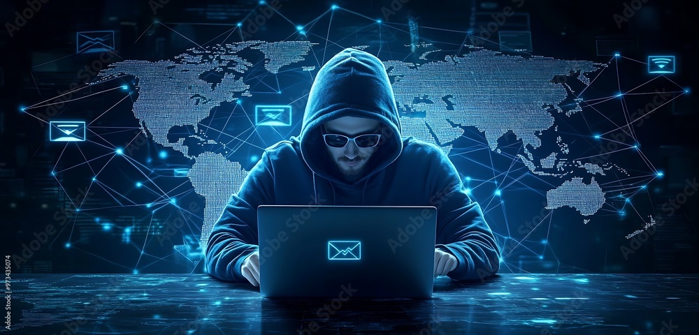 Poster cybersecurity, hacker in hoodie with laptop and world map background.