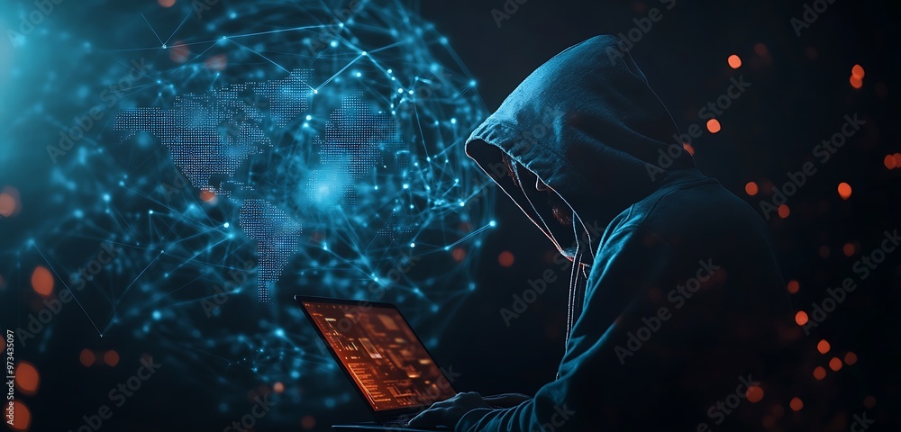 Poster hooded hacker with digital globe, cybersecurity and data theft concept