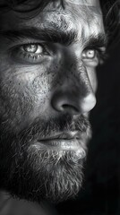 Obraz premium Detailed face of a man with beard in black and white..