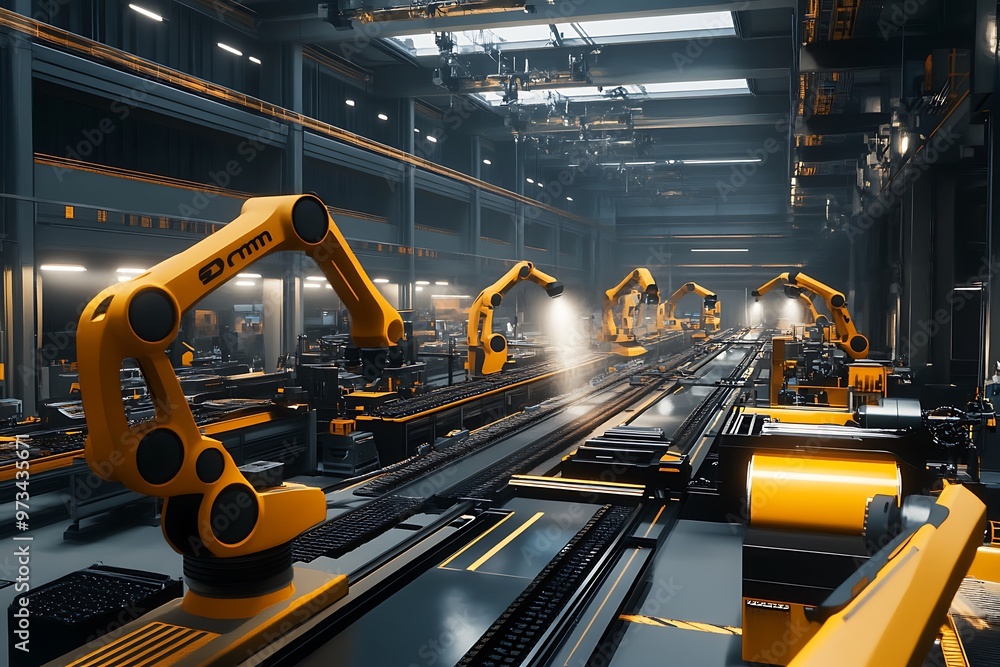 Poster automated industrial production line with robots in a factory