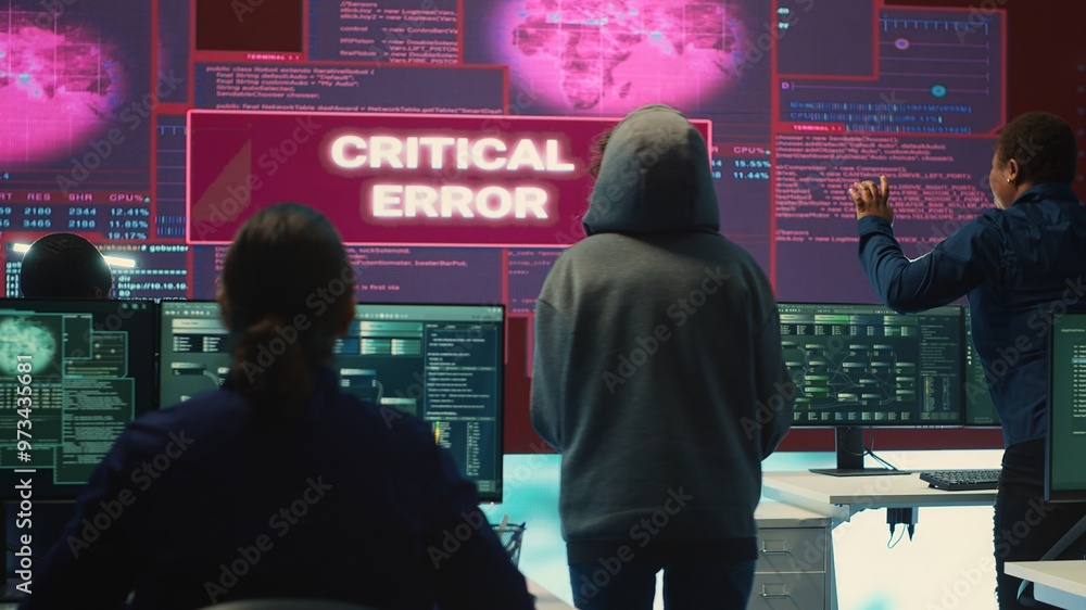 Poster hackers group failing to hack a system in high tech agency office, reading critical error message on