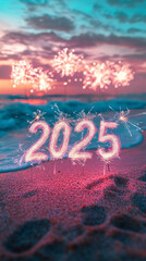Fireworks lighting up the sky over ocean waves with 2025 written in sparklers