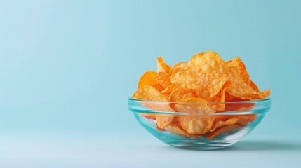 Bowl of potato chips on a light blue background. Studio food photography for design and print.

