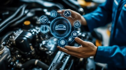 Mechanic with digital interface showing car service and repair icons