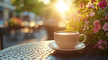 Fototapeta premium A Cup of Coffee on a Table at Sunset with Flowers