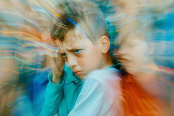 Children playing in a blurred image, with a lonely and excluded boy feeling sad and bullied