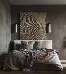 Beautiful modern bedroom with a beige painting on a grey cement wall..