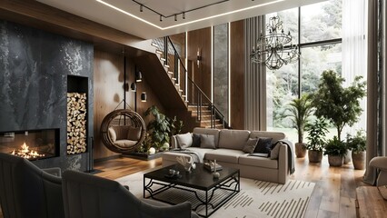 Modern living room with a sofa, a hanging chair and stairs..
