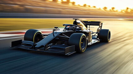 A black race car is speeding down a track. The car is sleek and aerodynamic, with its tires gripping the road as it accelerates. Concept of speed and excitement