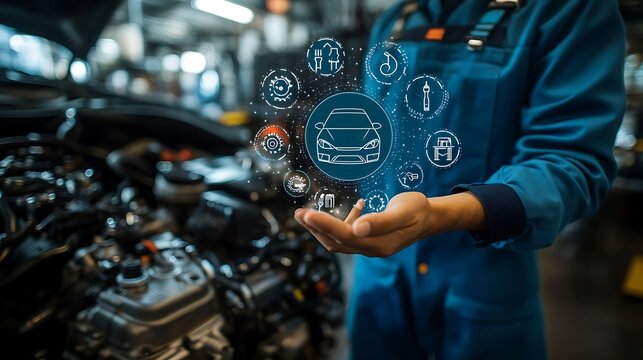 Mechanic with digital car service icons in his hand, auto repair and maintenance concept
