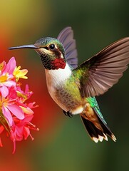 Fototapeta premium A Vibrant Hummingbird in Flight Near Pink Flowers