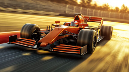 A red race car is speeding down a track. The car is in the middle of the track and is going fast