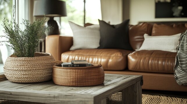 A cozy living room featuring sustainable leather seating, a coffee table made from salvaged wood, and woven wicker baskets