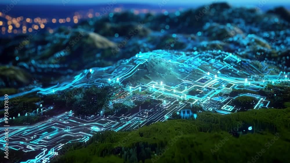 Poster futuristic landscape with glowing blue lines and data points, representing a complex analysis of the
