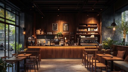 Modern Coffee Shop Interior with Wooden Accents and a Sleek Bar