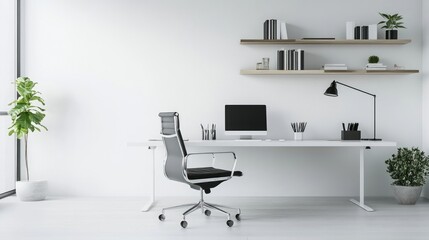A minimalist home office with a sleek white desk, black office chair, and wall-mounted wooden shelves