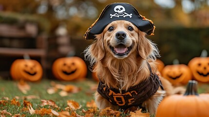 Dog in a pirate costume for Halloween with copy space