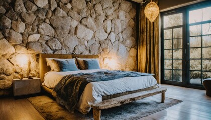 Textured accent wall with natural stone for a rustic and cozy bedroom
