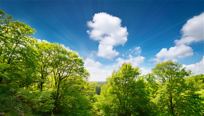 Obraz premium 風にそよぐ緑の木々の上に広がる青空。太陽の光が木々の葉を照らし、心地よい自然の風景が広がる