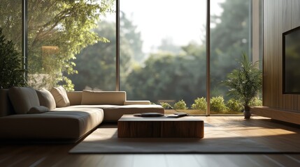 Obraz premium A minimalist living room with a large, floor-to-ceiling window, featuring a comfortable sofa made from recycled materials and a statement coffee table made from reclaimed wood